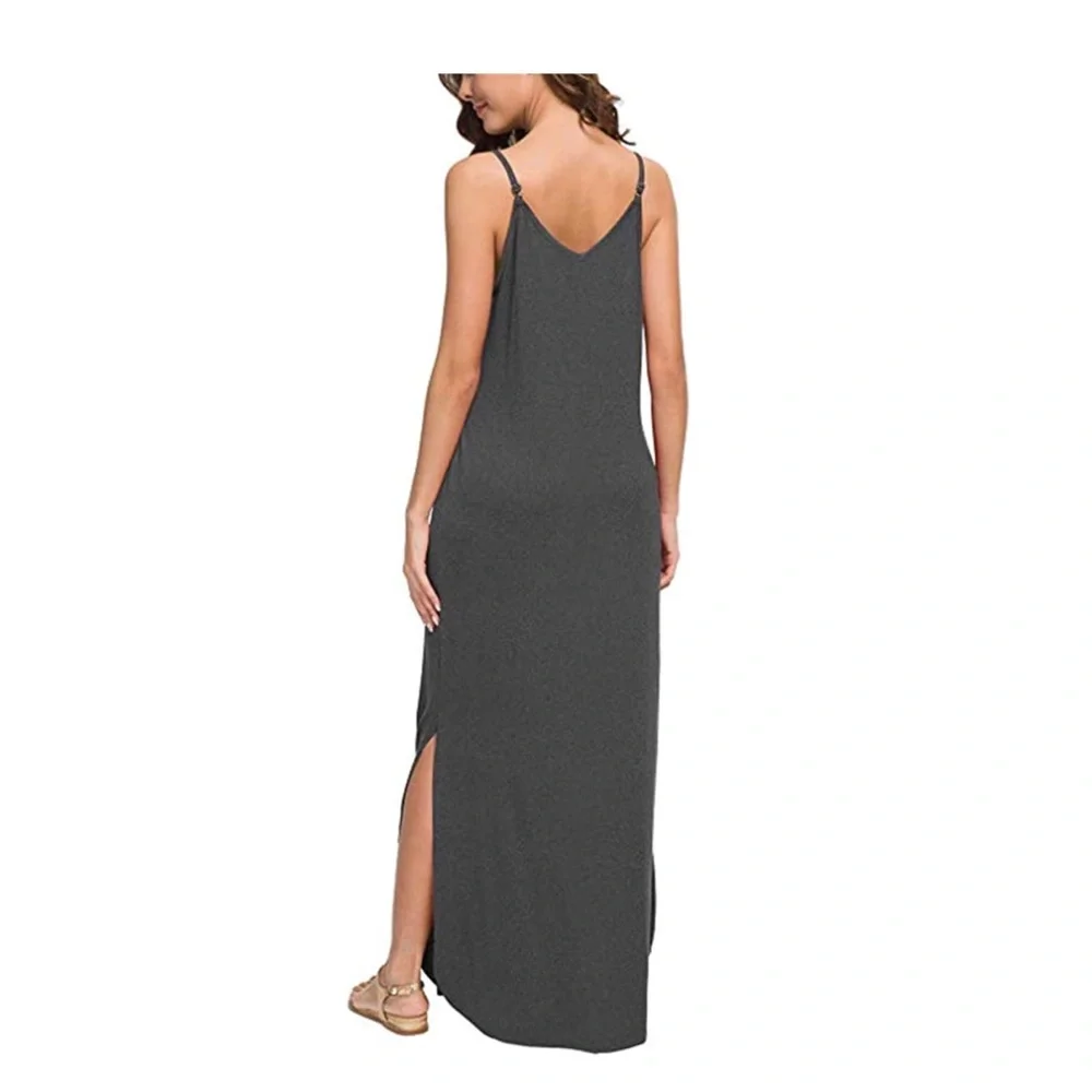 NEW LAMISSCH Strappy Cami Maxi Long Dress V Neck with Pockets Slits - Picture 2 of 3